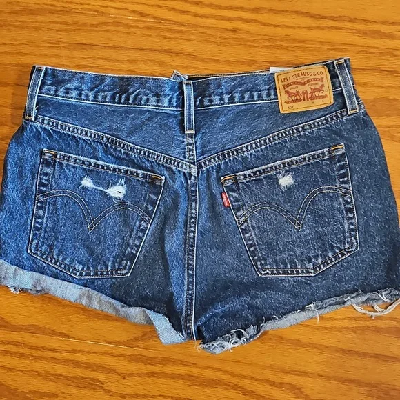Levi 501 Blue Distressed Jean Shorts - Picture 6 of 9